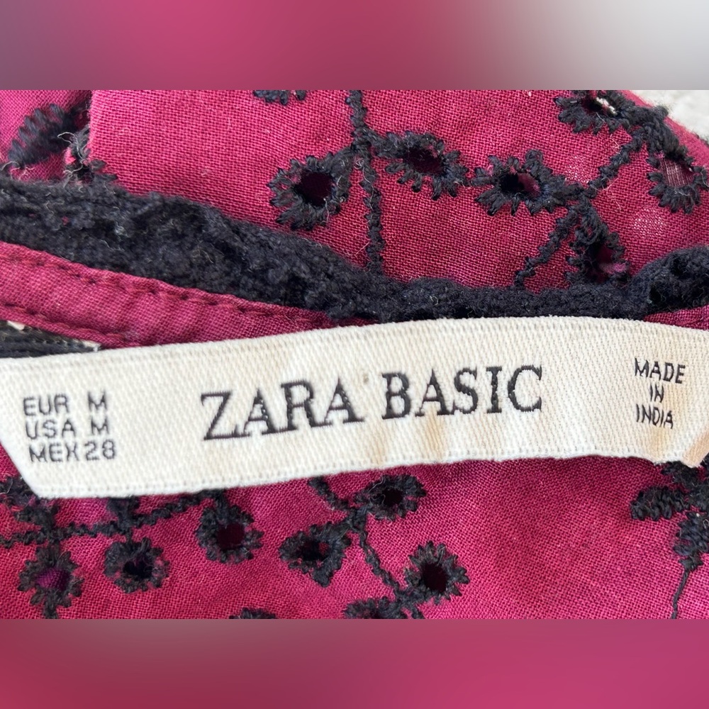 Zara Basic Women’s Maroon/Black Embroidered Eyelet Top Long Sleeves Size Medium - Picture 6 of 8